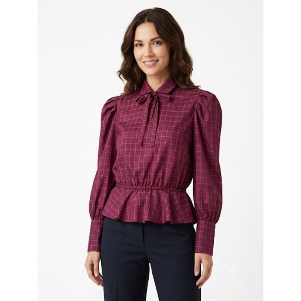 Vintage 80s First‎ Glance Burgundy Plaid Secretary Blouse Peplum M